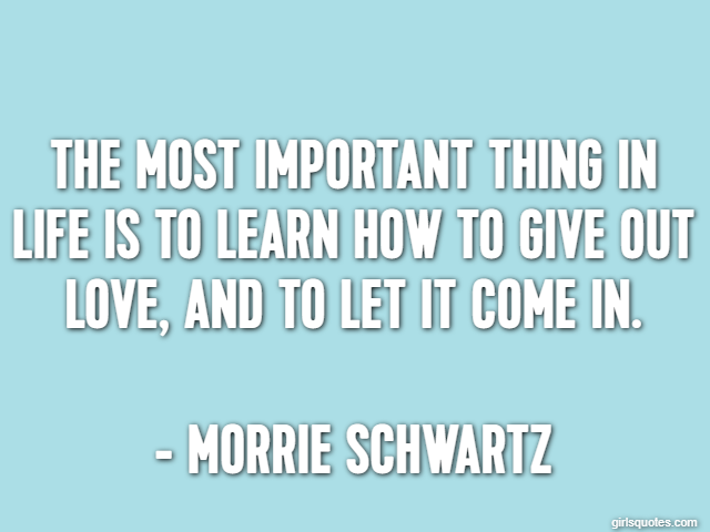The most important thing in life is to learn how to give out love, and to let it come in. - Morrie Schwartz